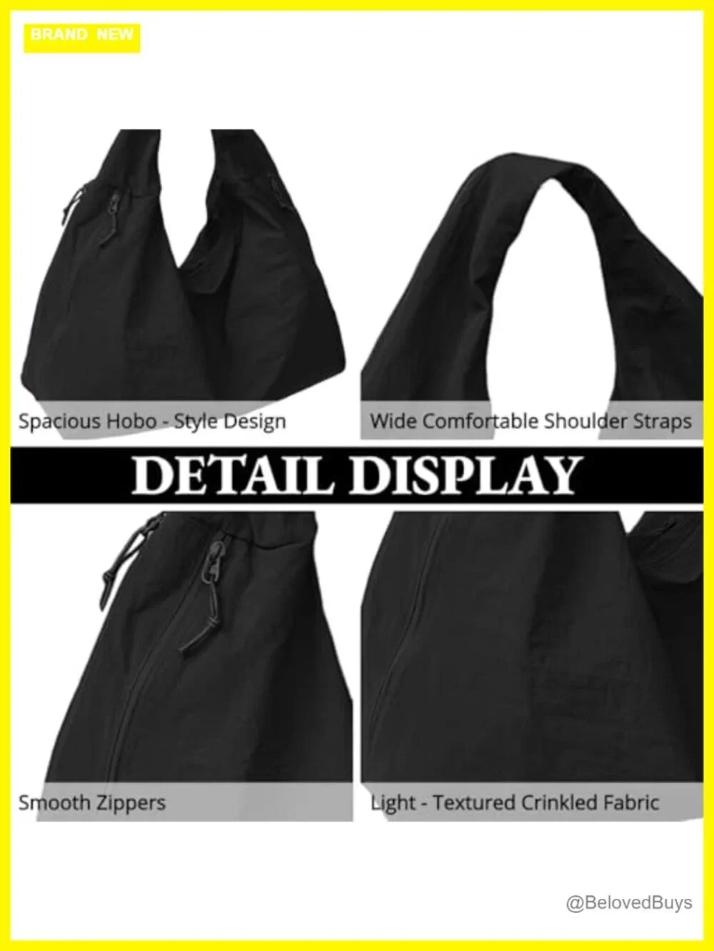 Large Nylon Slouchy Tote Bag with Multiple Pockets Shoulder Hobo Bag